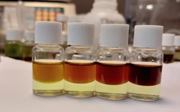 Quattro fiale di riferimento PRO Test per la quantità di cocaina, strato superiore da arancione al 25% a quasi nero al 100%